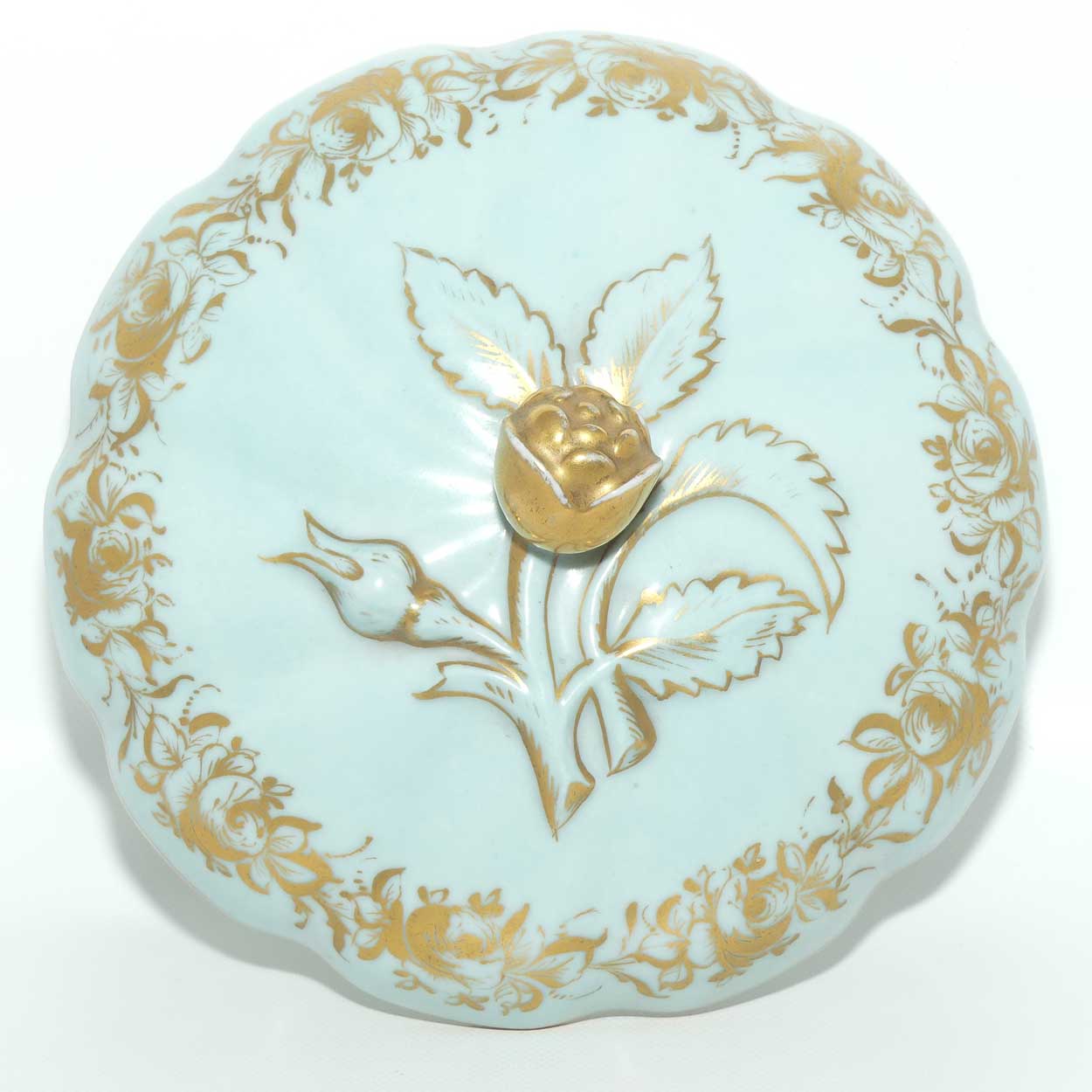 Sevres style large Celeste colour and Heavily Gilt Ladies powder bowl | Floral handle