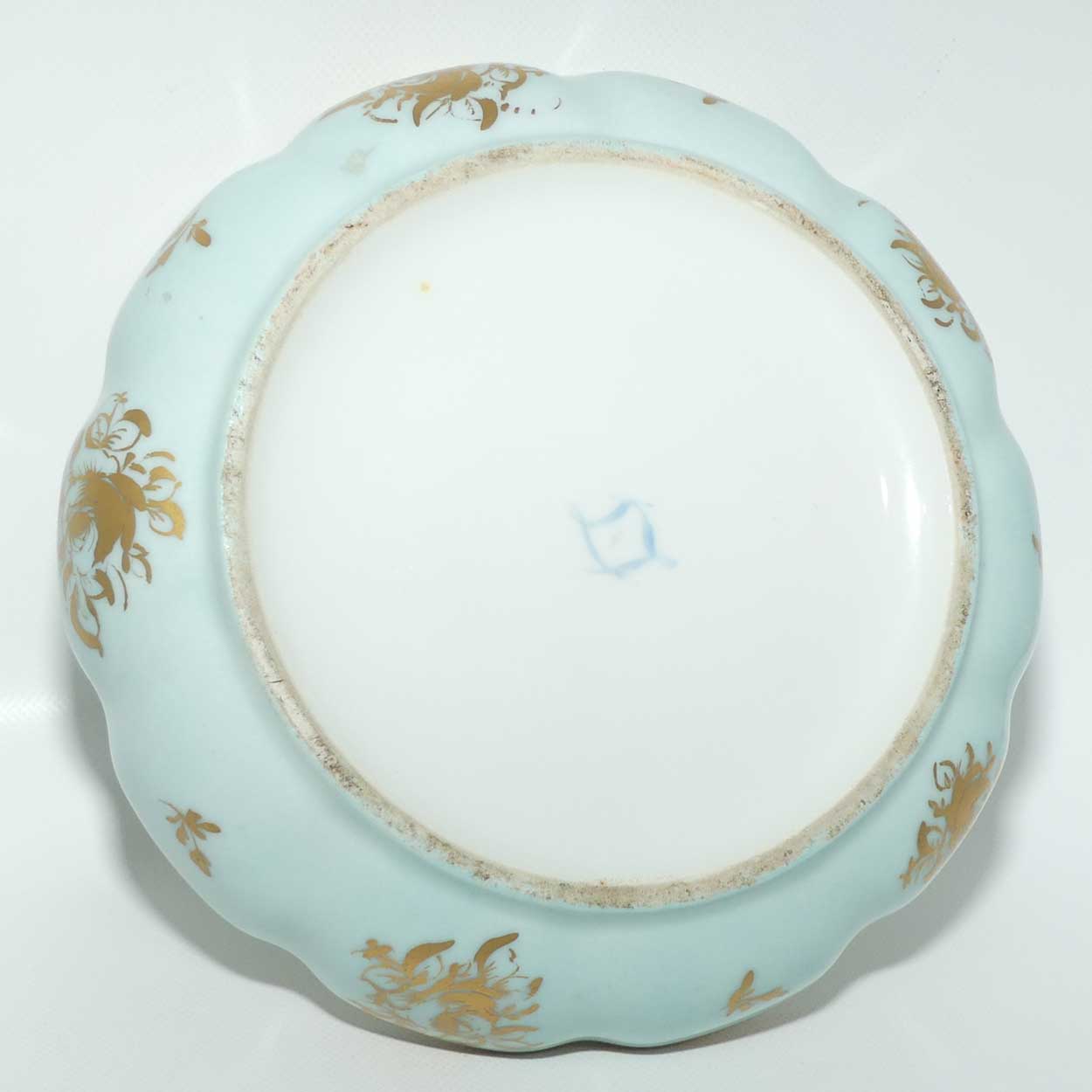 Sevres style large Celeste colour and Heavily Gilt Ladies powder bowl | Floral handle