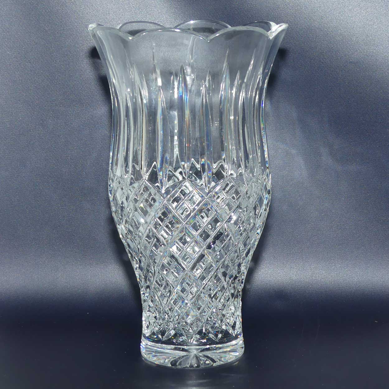 Stuart Crystal Shaftesbury pattern | tall fluted rim waisted shape vase | 25cm