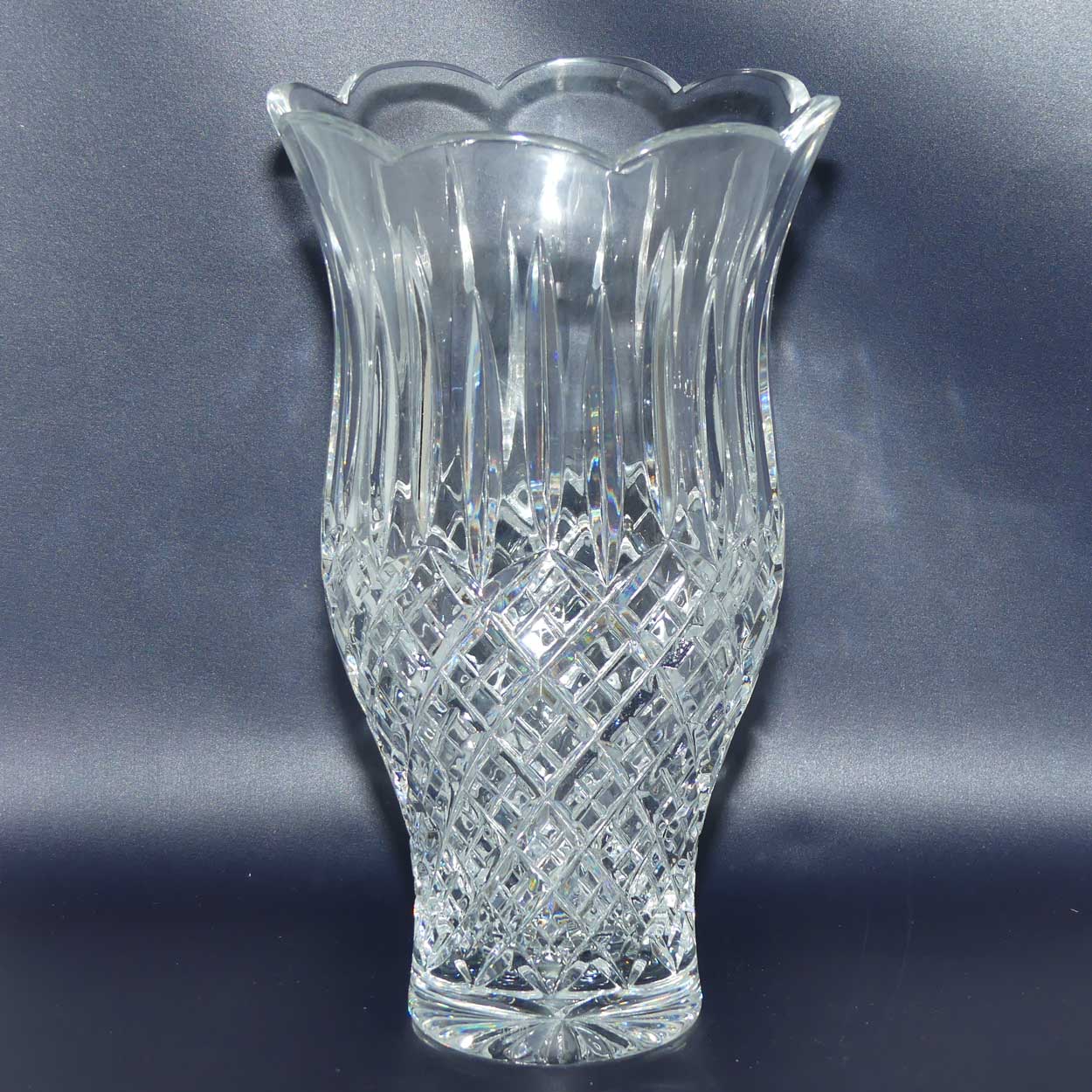 Stuart Crystal Shaftesbury pattern | tall fluted rim waisted shape vase | 25cm