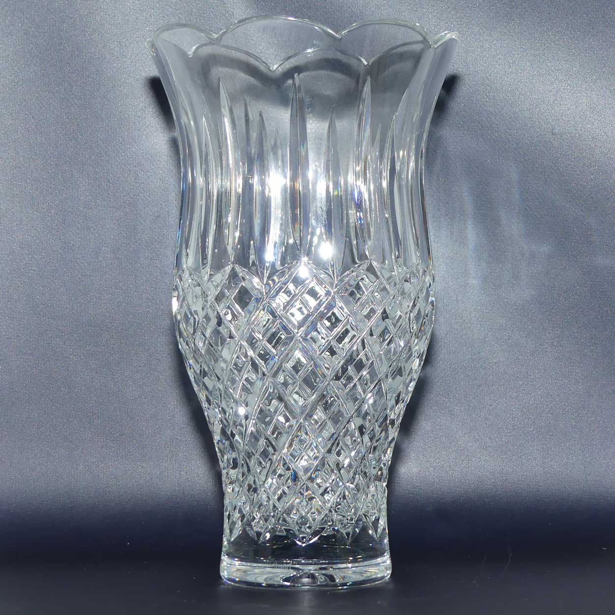 Stuart Crystal Shaftesbury pattern | tall fluted rim waisted shape vase | 25cm