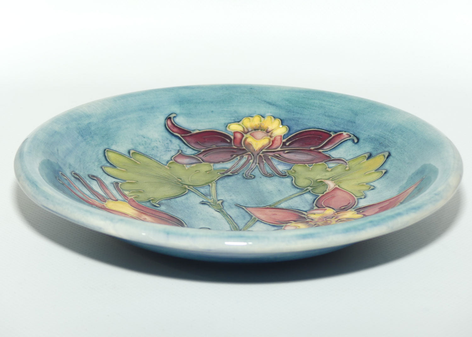 Walter Moorcroft Columbine shallow bowl | Pale Blue Grey ground | #2
