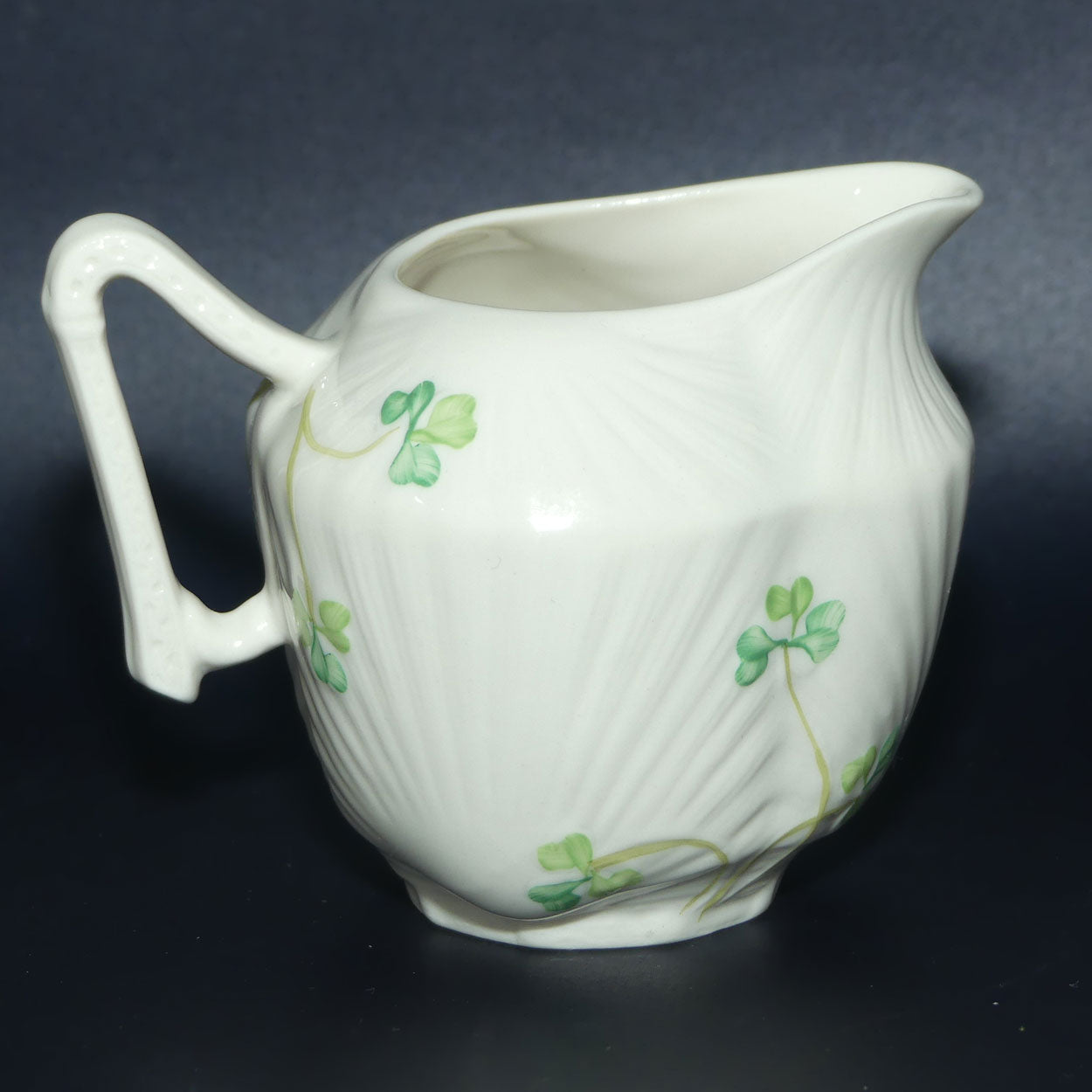 Belleek Shamrock decorated Harp handle milk jug | Brown Mark