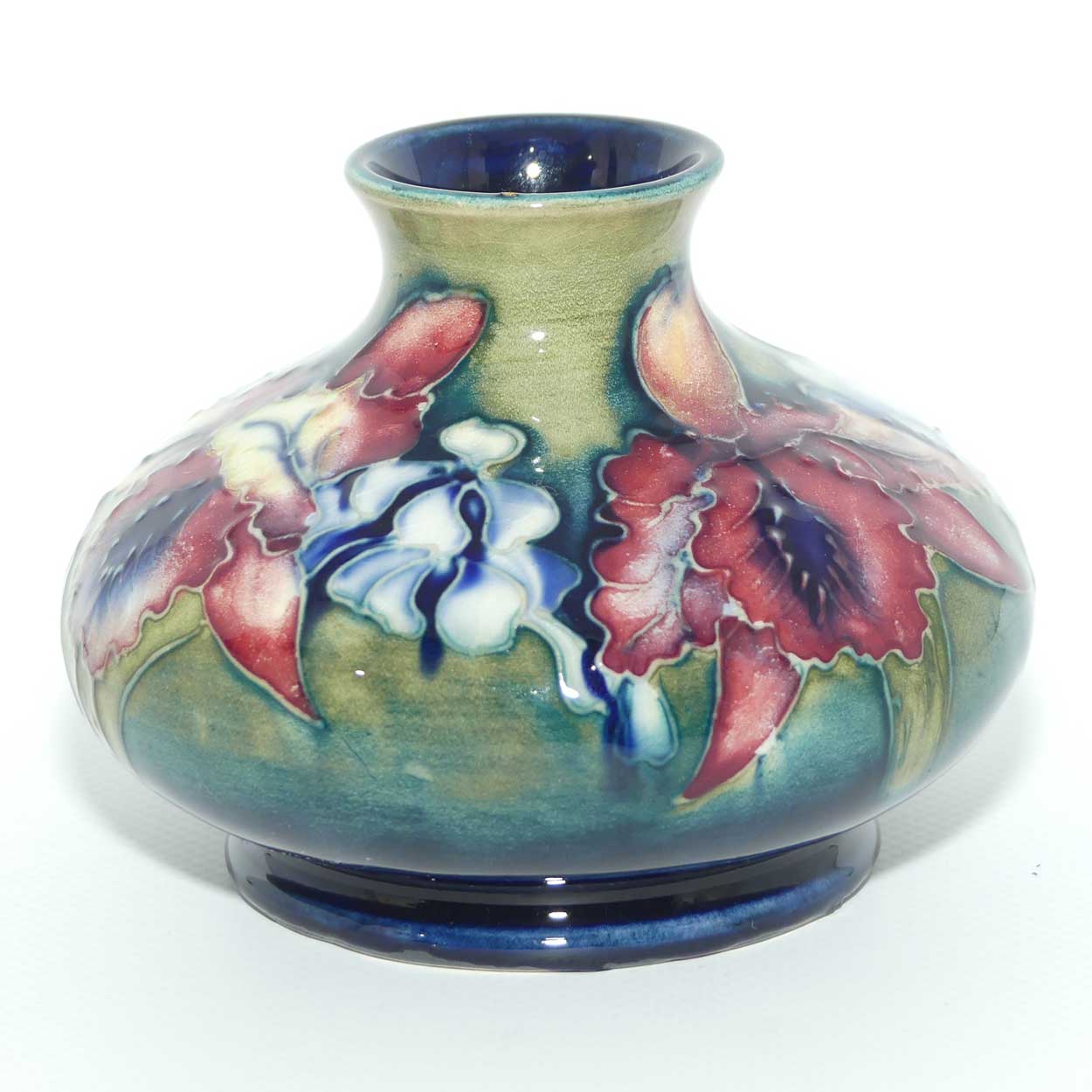 Walter Moorcroft Orchid on Light Green transition to Blue Ground vase | Shape 32/4