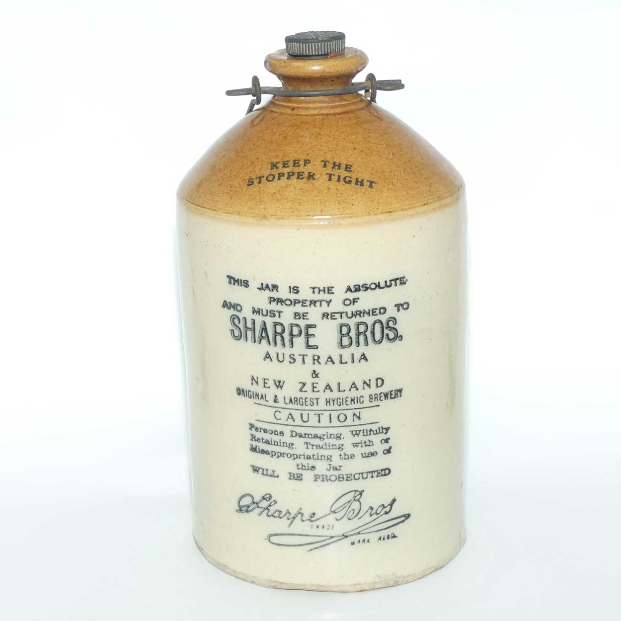 Sharpe Bros Australia and New Zealand Stoneware Demijohn with stopper and handle