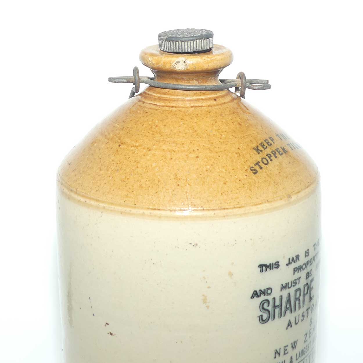 Sharpe Bros Australia and New Zealand Stoneware Demijohn with stopper and handle