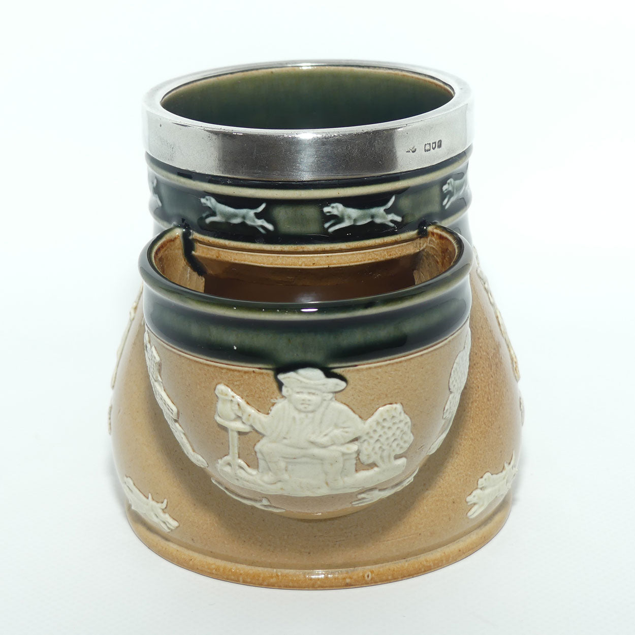 Doulton Lambeth Harvest Hunting Shaving mug with Sterling Silver rim | London 1901