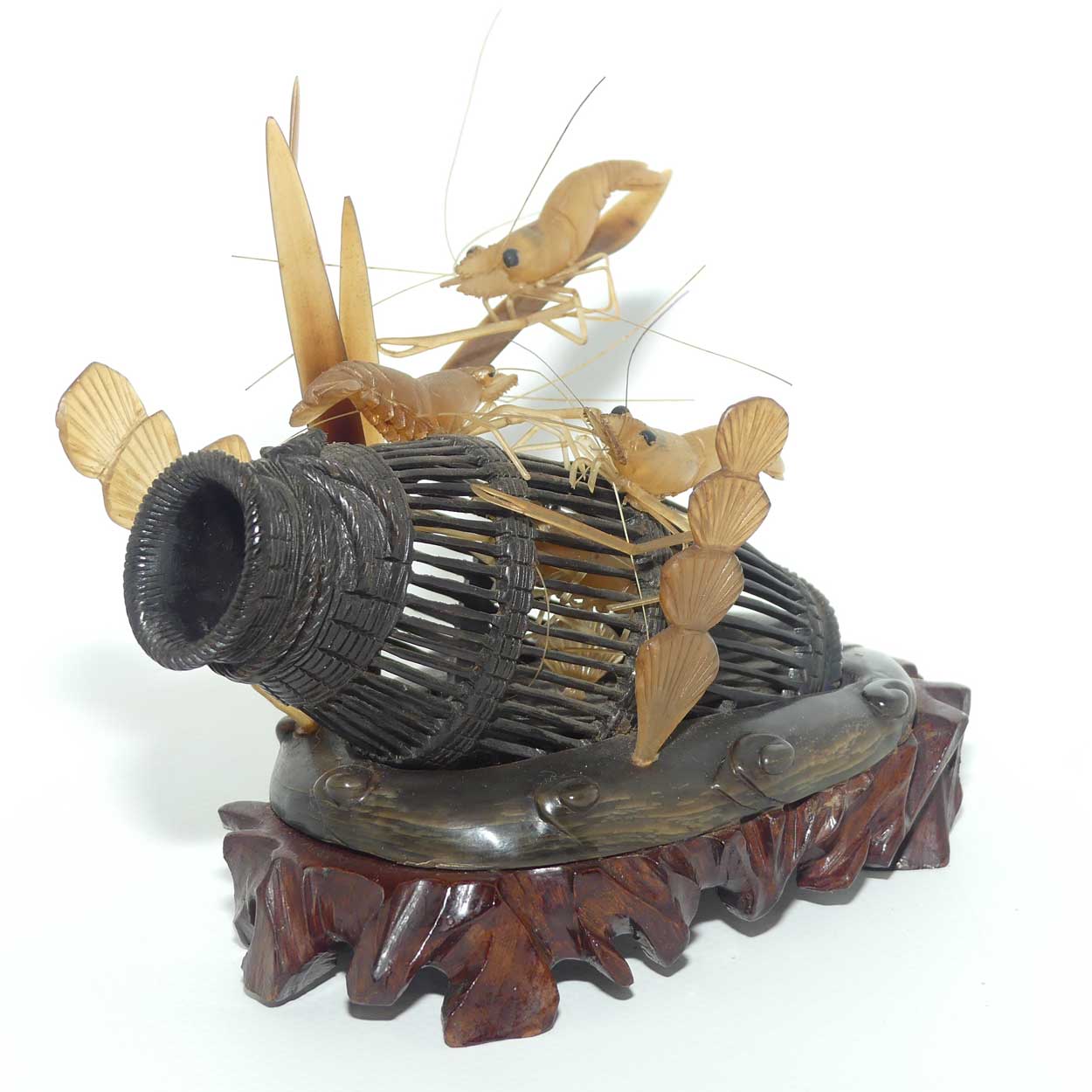 Chinese Carved Horn Shrimps figure | Shrimp in Trap