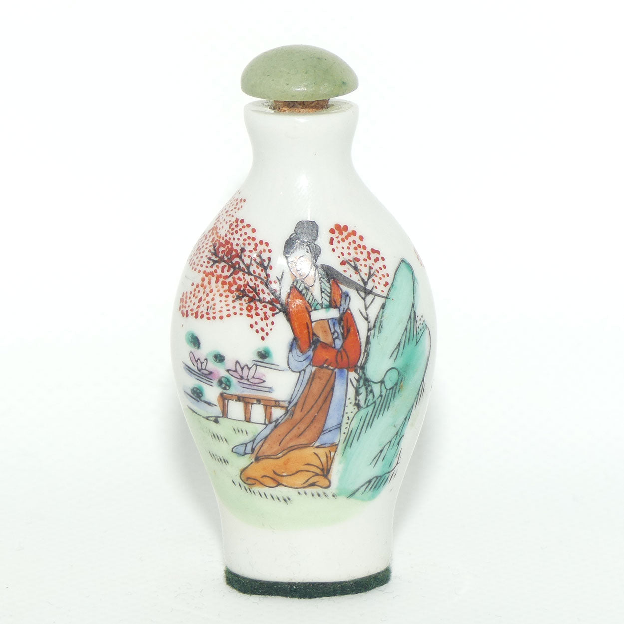 Chinese snuff bottle with greenstone stopper | Shy Maiden