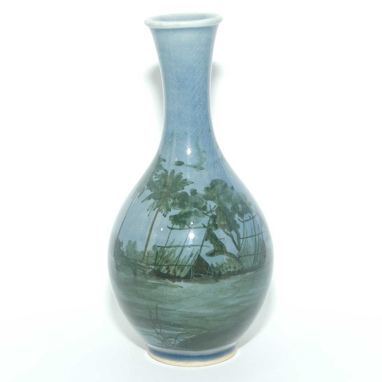 Siam Celadon vase decorated with Thatched Hut scene | 16.5cm