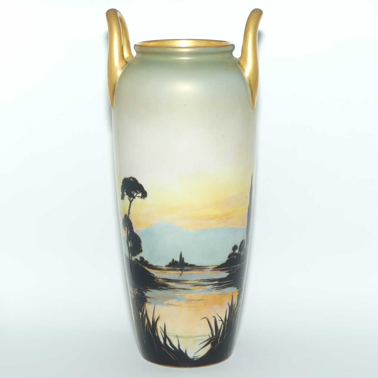 Royal Worcester Landscape scene Silhouette design twin handle tall vase | 2771 shape