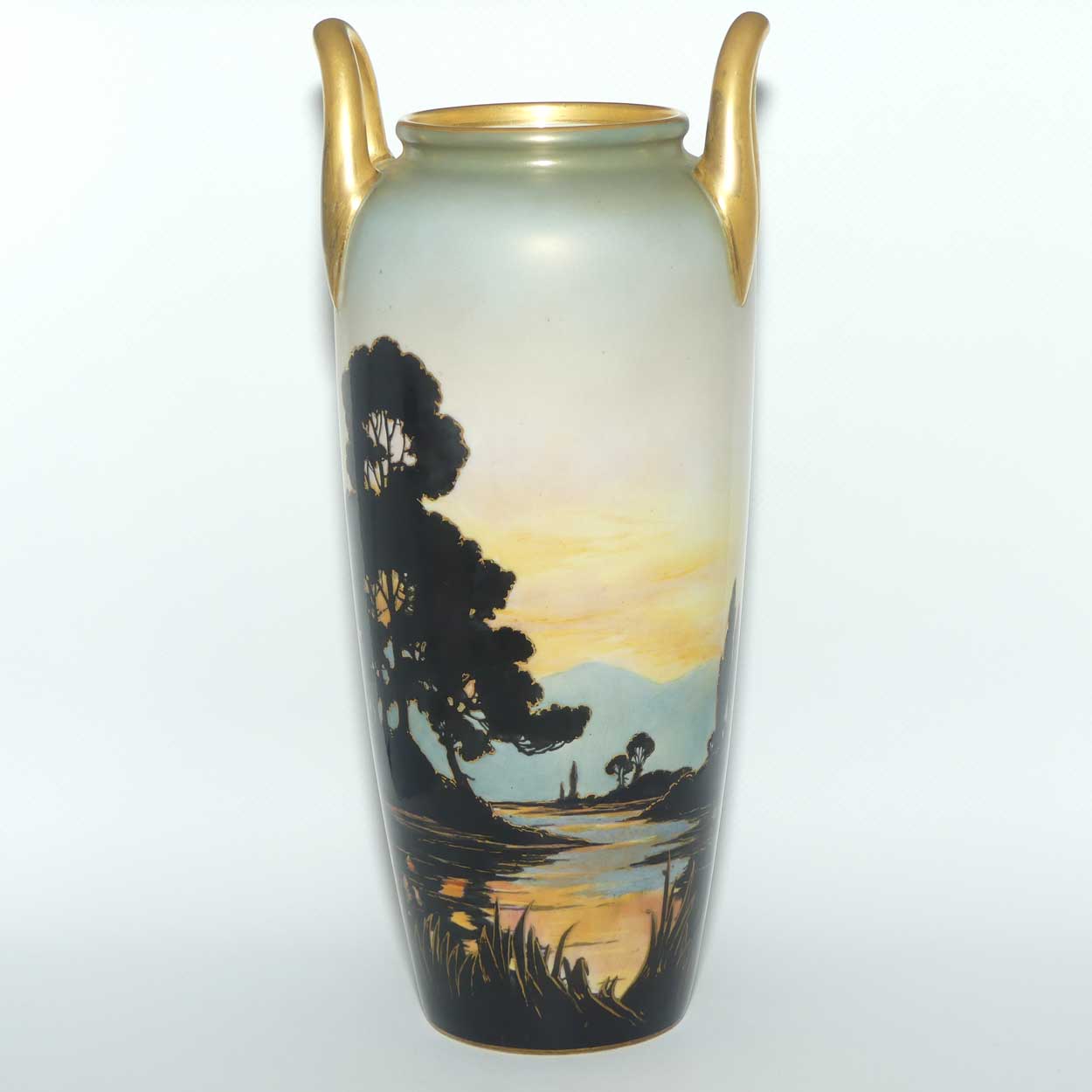 Royal Worcester Landscape scene Silhouette design twin handle tall vase | 2771 shape