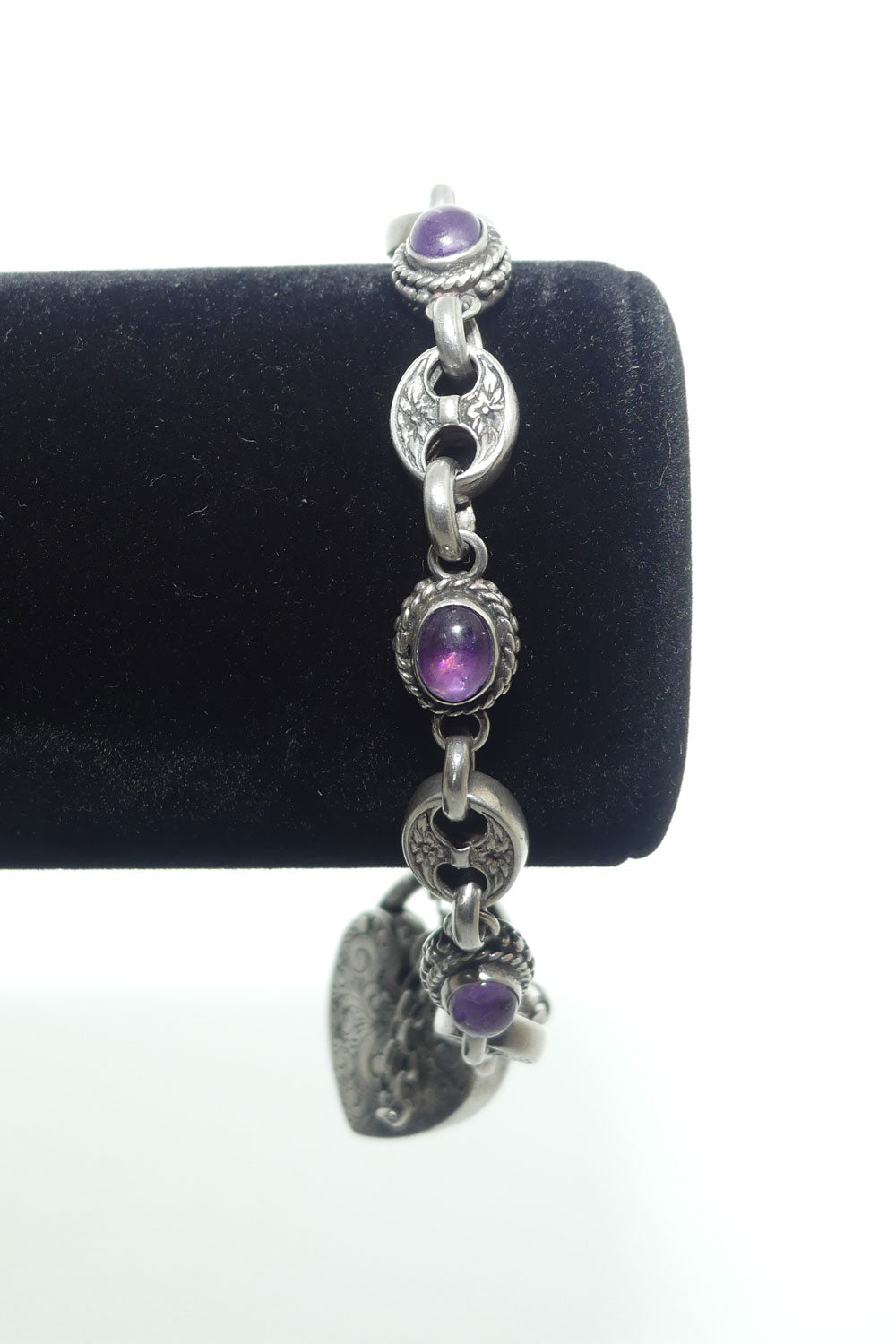 925 Sterling Silver box link and Cabochon Amethyst padlock bracelet | 40.87g