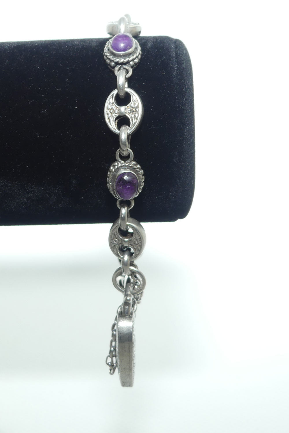 925 Sterling Silver box link and Cabochon Amethyst padlock bracelet | 40.87g