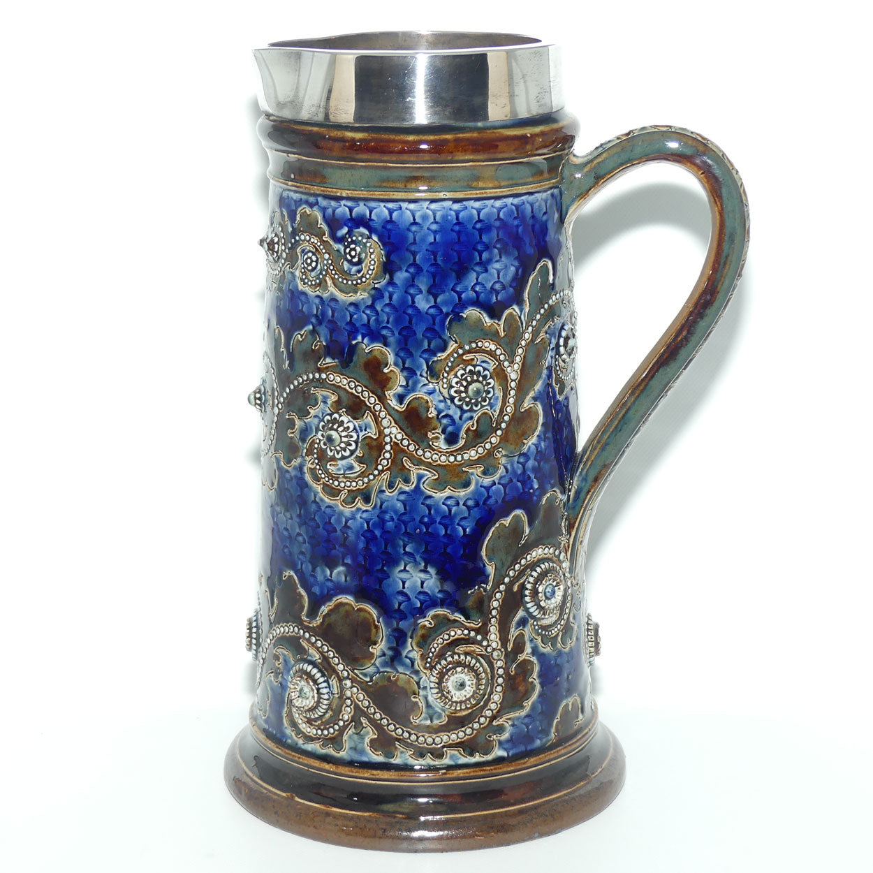 Doulton Lambeth George Tinworth stoneware ale jug with Sterling Silver rim (London 1876)