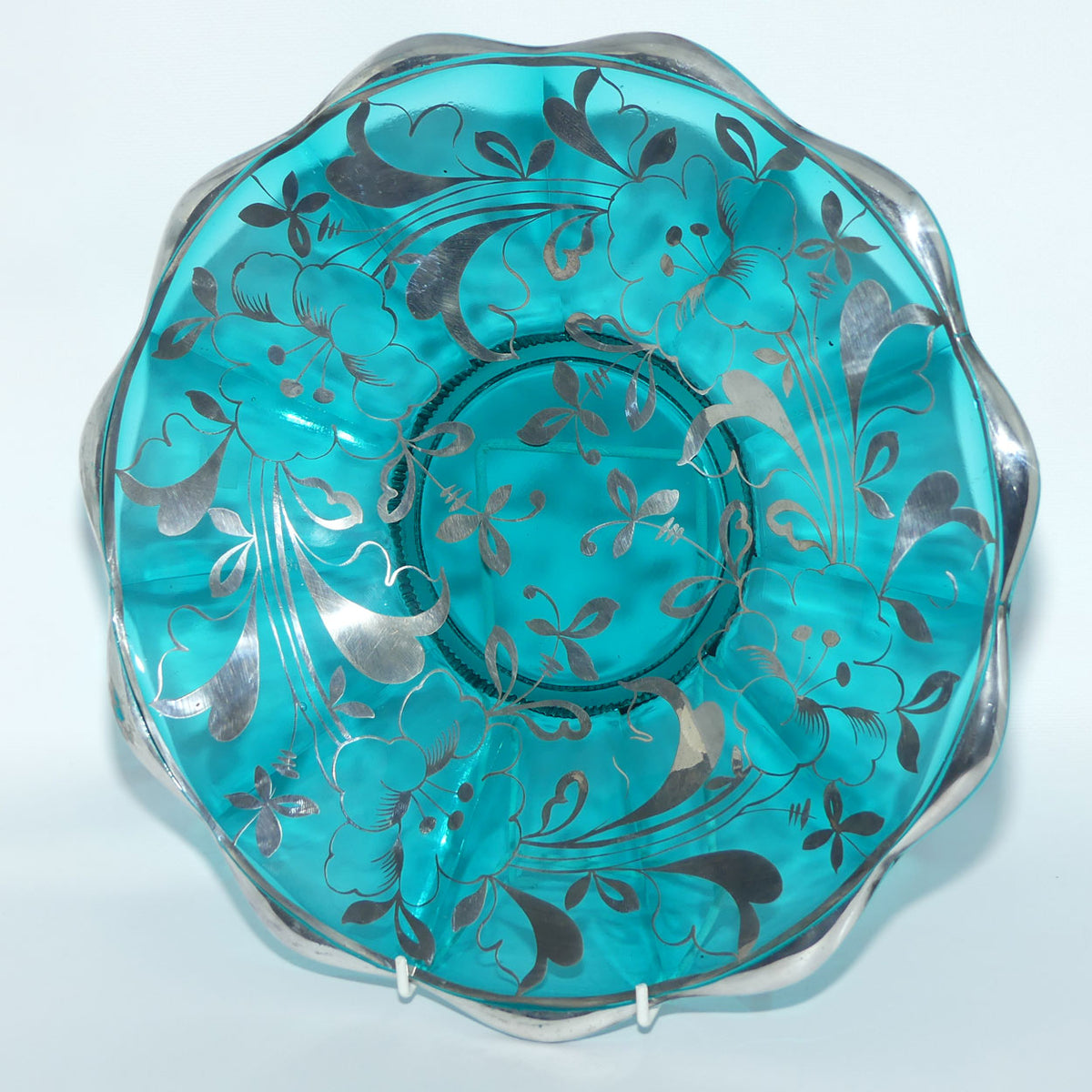 Turquoise Glass display plate overlaid with Painted Silver