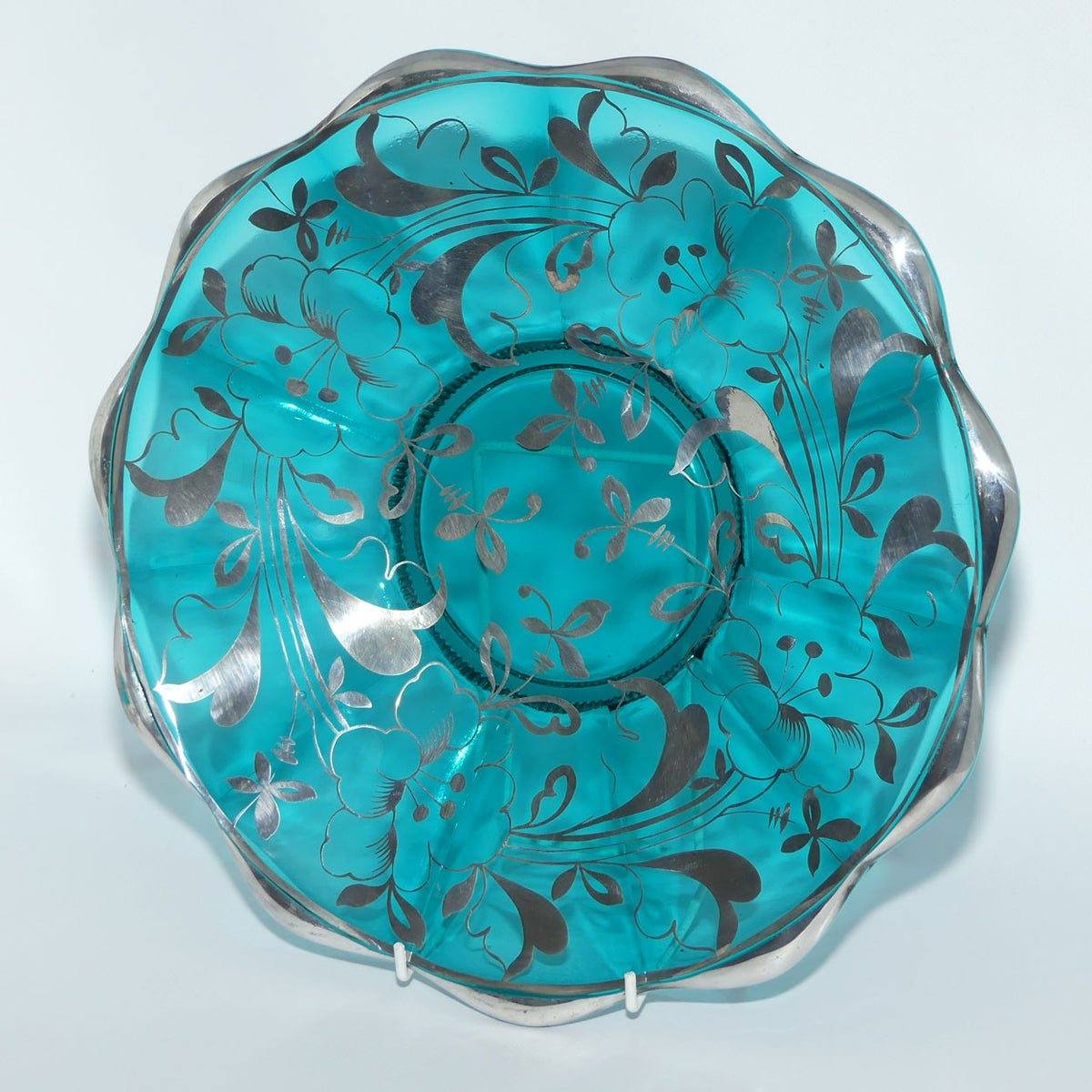 Turquoise Glass display plate overlaid with Painted Silver