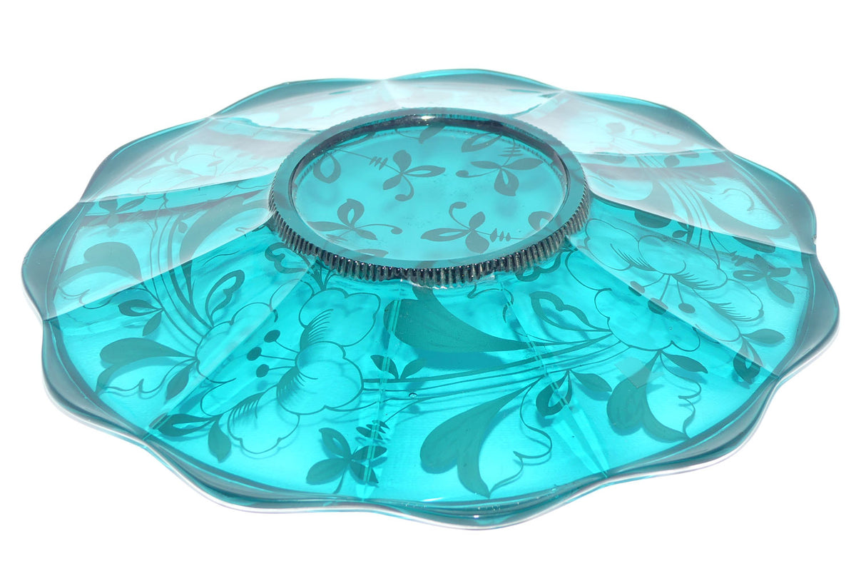 Turquoise Glass display plate overlaid with Painted Silver