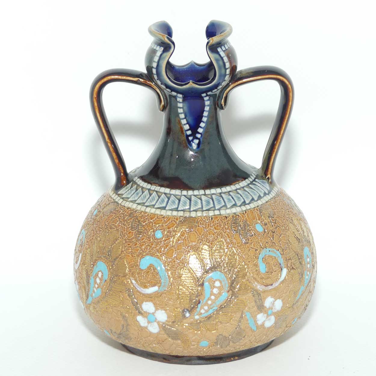 Doulton Lambeth Slaters Patent vase with twin handles and love heart style cutout