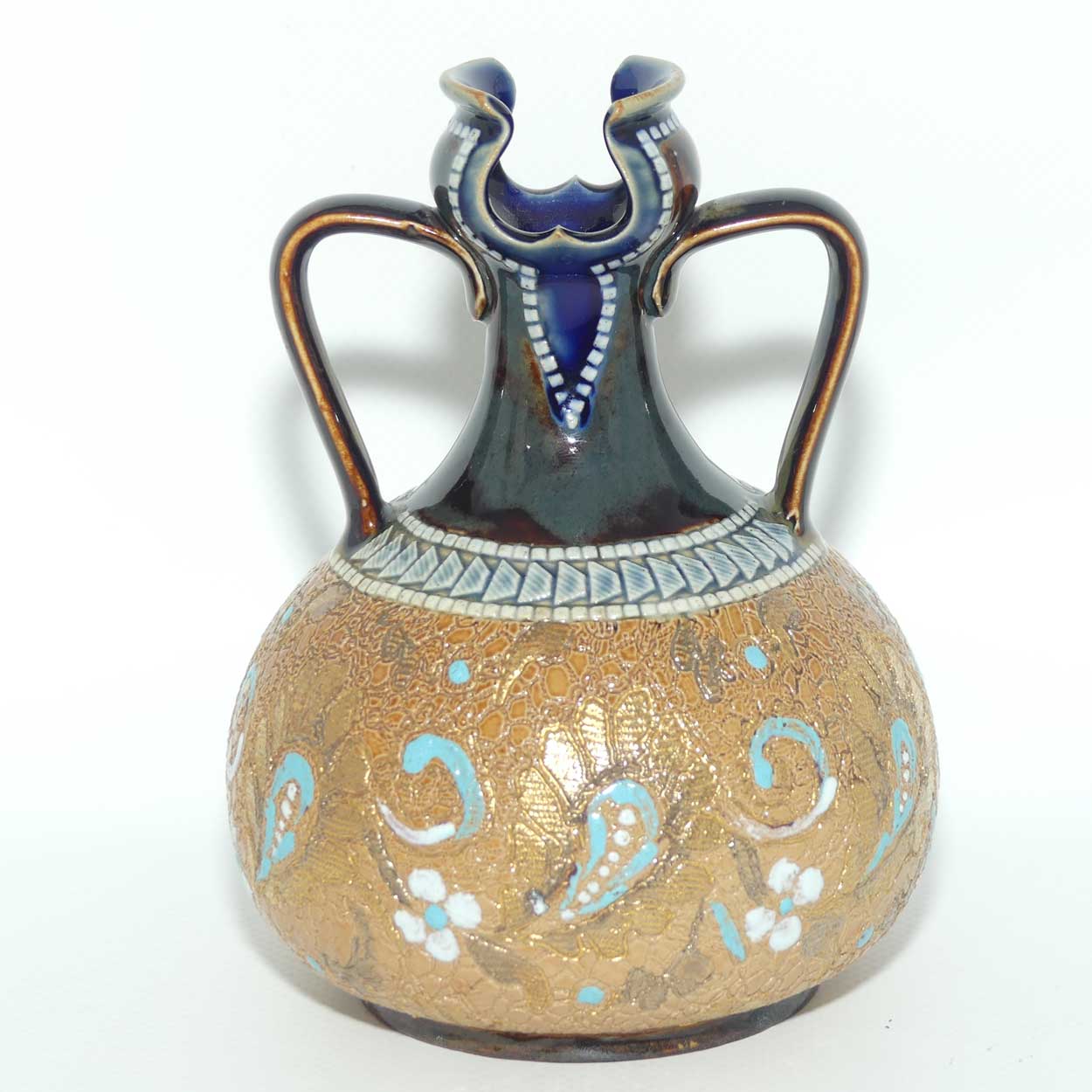 Doulton Lambeth Slaters Patent vase with twin handles and love heart style cutout