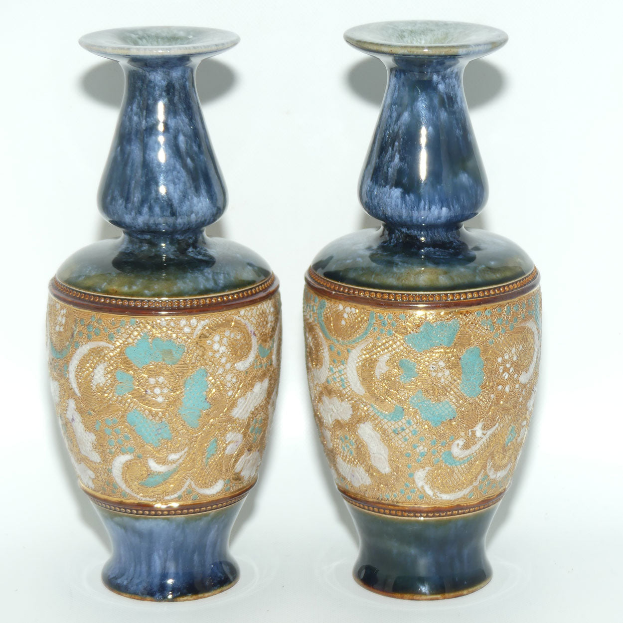 Royal Doulton Slaters Patent pair stoneware Blue and White Enamelled vases c.1905