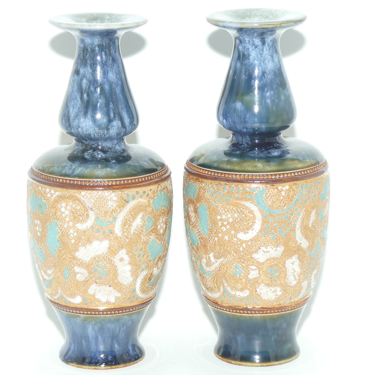 Royal Doulton Slaters Patent pair stoneware Blue and White Enamelled vases c.1905