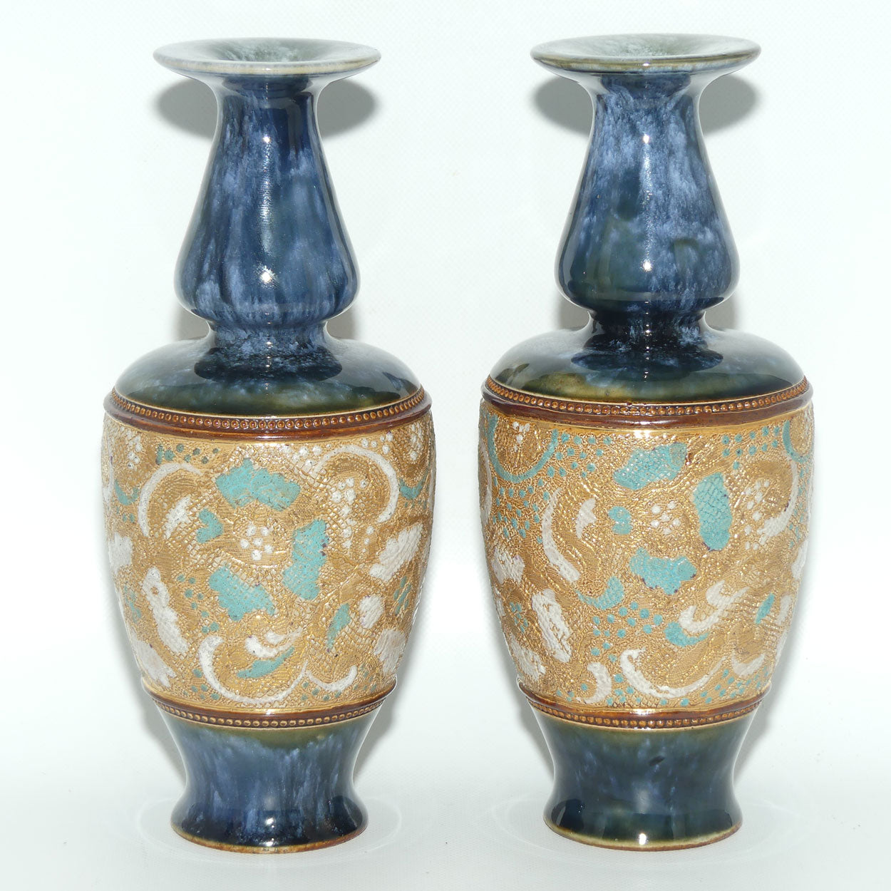 Royal Doulton Slaters Patent pair stoneware Blue and White Enamelled vases c.1905
