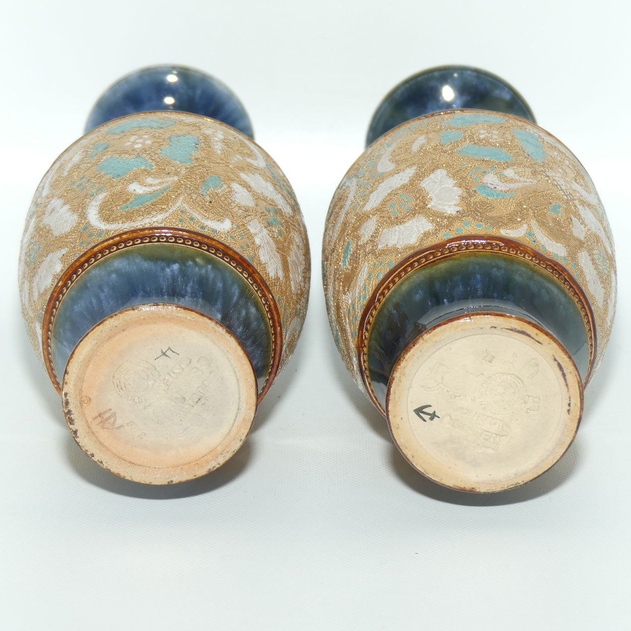 Royal Doulton Slaters Patent pair stoneware Blue and White Enamelled vases c.1905