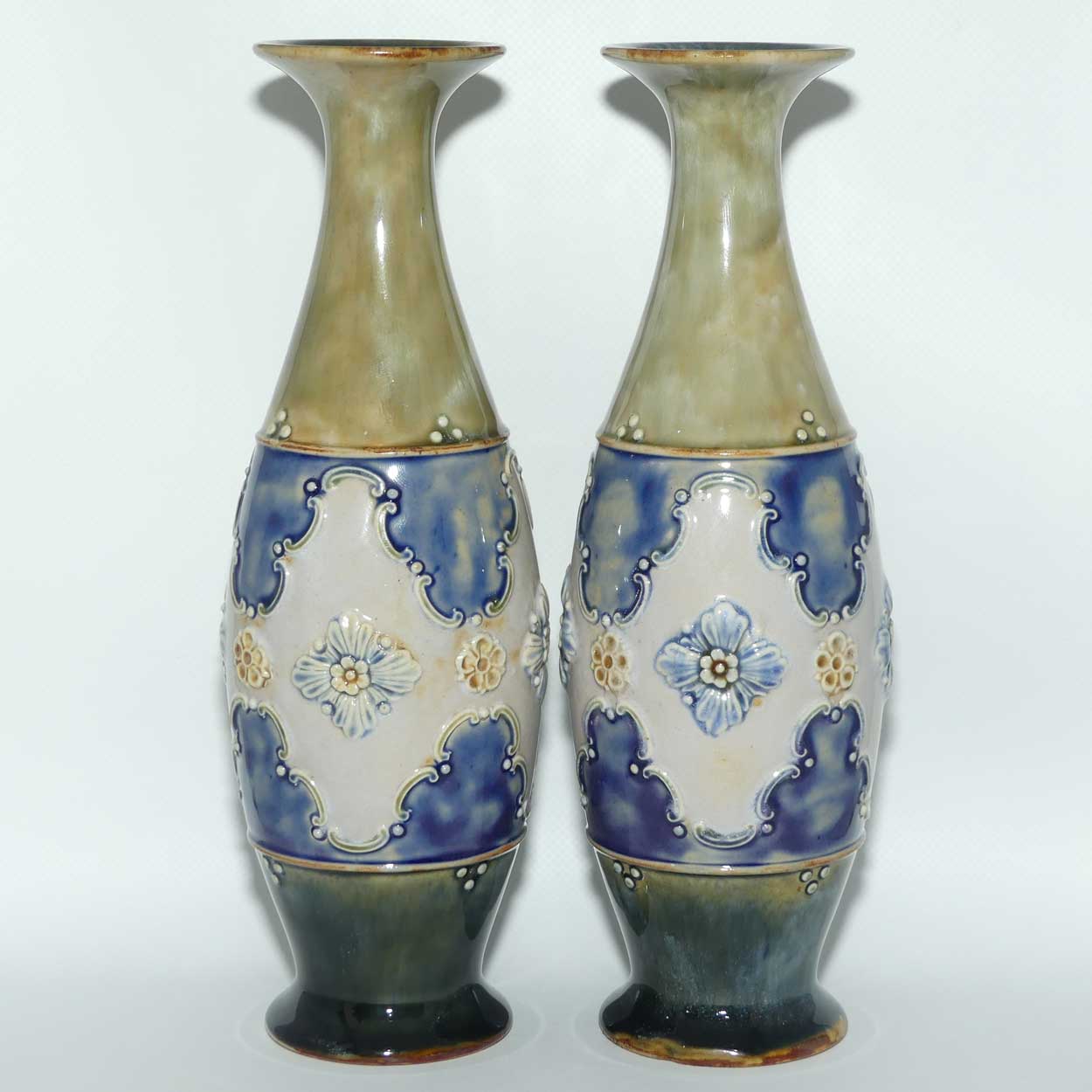 Royal Doulton pair of stoneware Floral central band vases | Blue Green Ground | 8368C