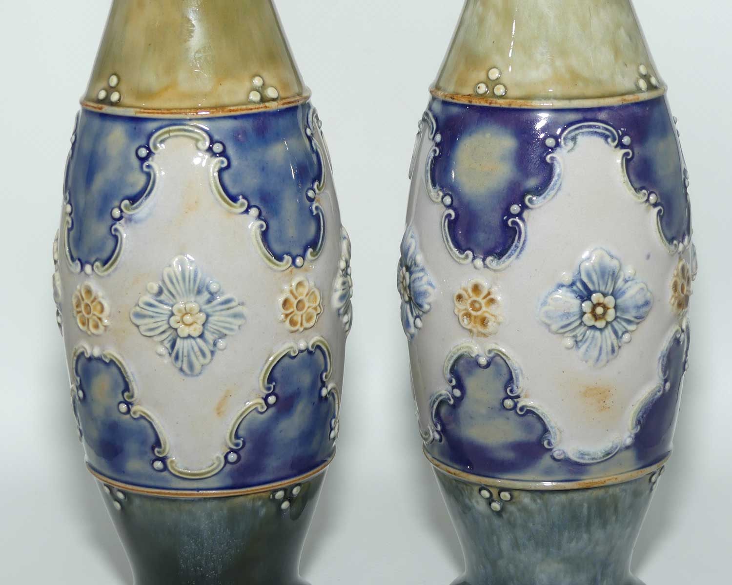 Royal Doulton pair of stoneware Floral central band vases | Blue Green Ground | 8368C