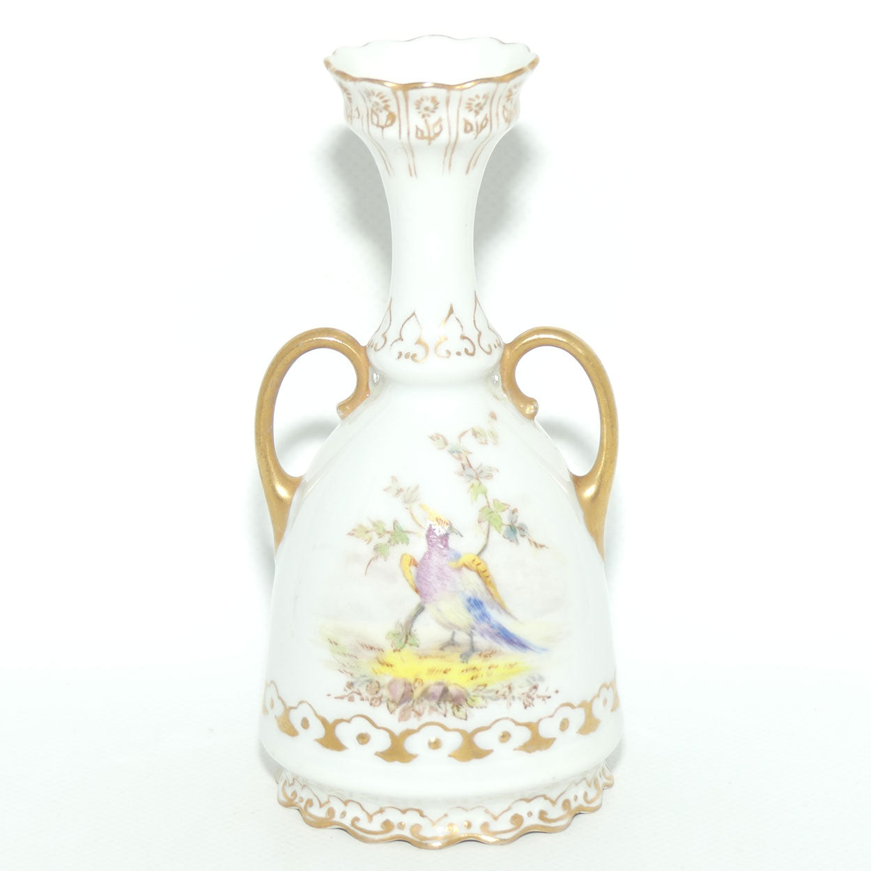 Early Australian China Painted twin handle bud vase depicting Worcester Birds | Ethel L Thomas 1908