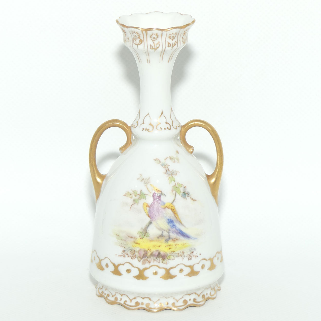 Early Australian China Painted twin handle bud vase depicting Worcester Birds | Ethel L Thomas 1908