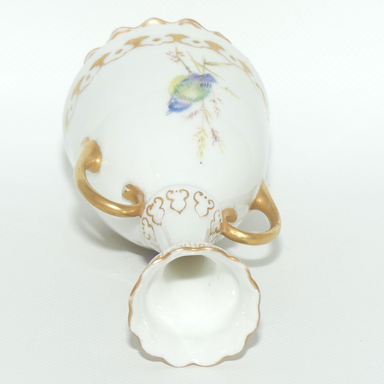 Early Australian China Painted twin handle bud vase depicting Worcester Birds | Ethel L Thomas 1908