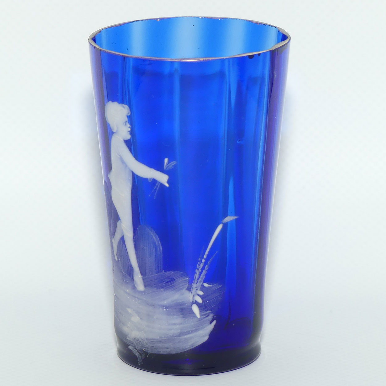 Victorian Cobalt Blue Mary Gregory handled tumbler | #1 | Boy with Flower