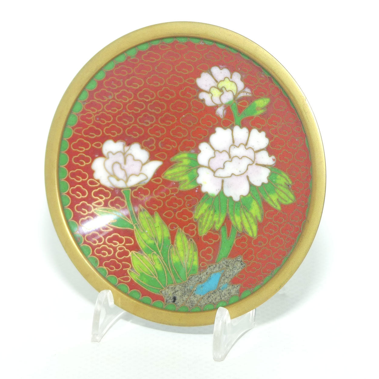 Cloisonne Pin Dish | Red Ground | Floral motif | 8cm diam