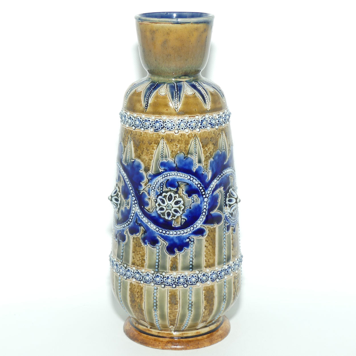 Doulton Lambeth George Tinworth stoneware smaller bulbous vase with applied beads, rosettes and foliage