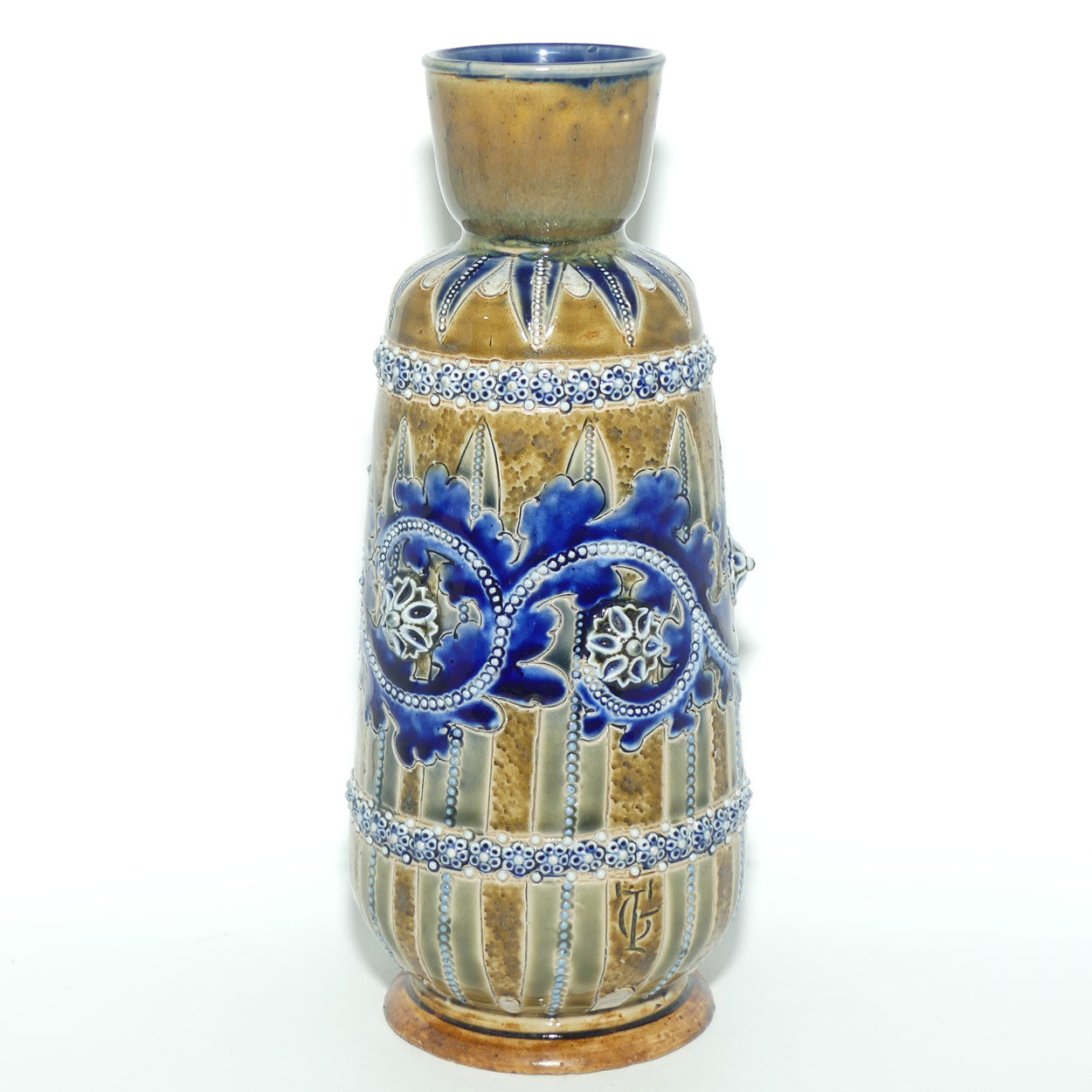 Doulton Lambeth George Tinworth stoneware smaller bulbous vase with applied beads, rosettes and foliage