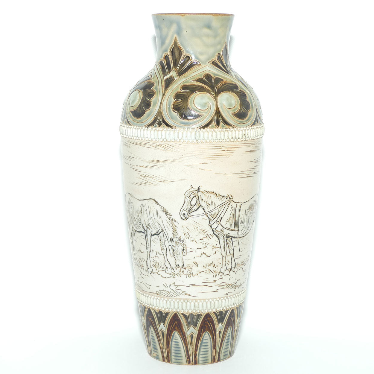 Doulton Lambeth Hannah Barlow stoneware vase depicting horses with applied beads and embellishments