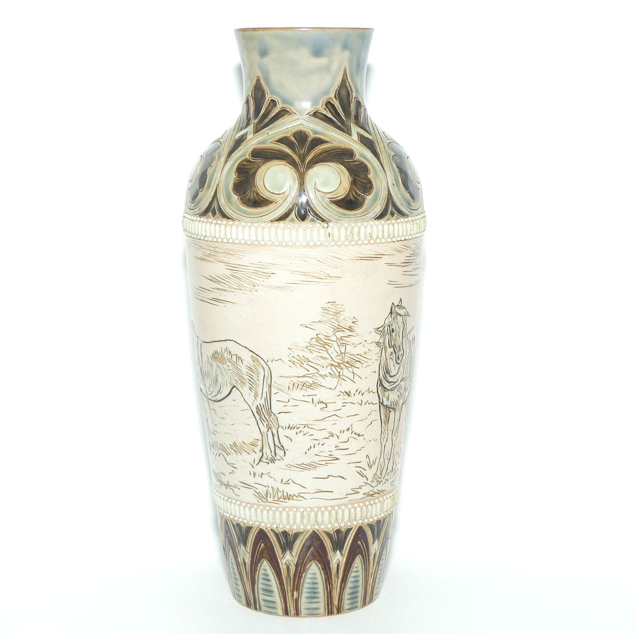 Doulton Lambeth Hannah Barlow stoneware vase depicting horses with applied beads and embellishments