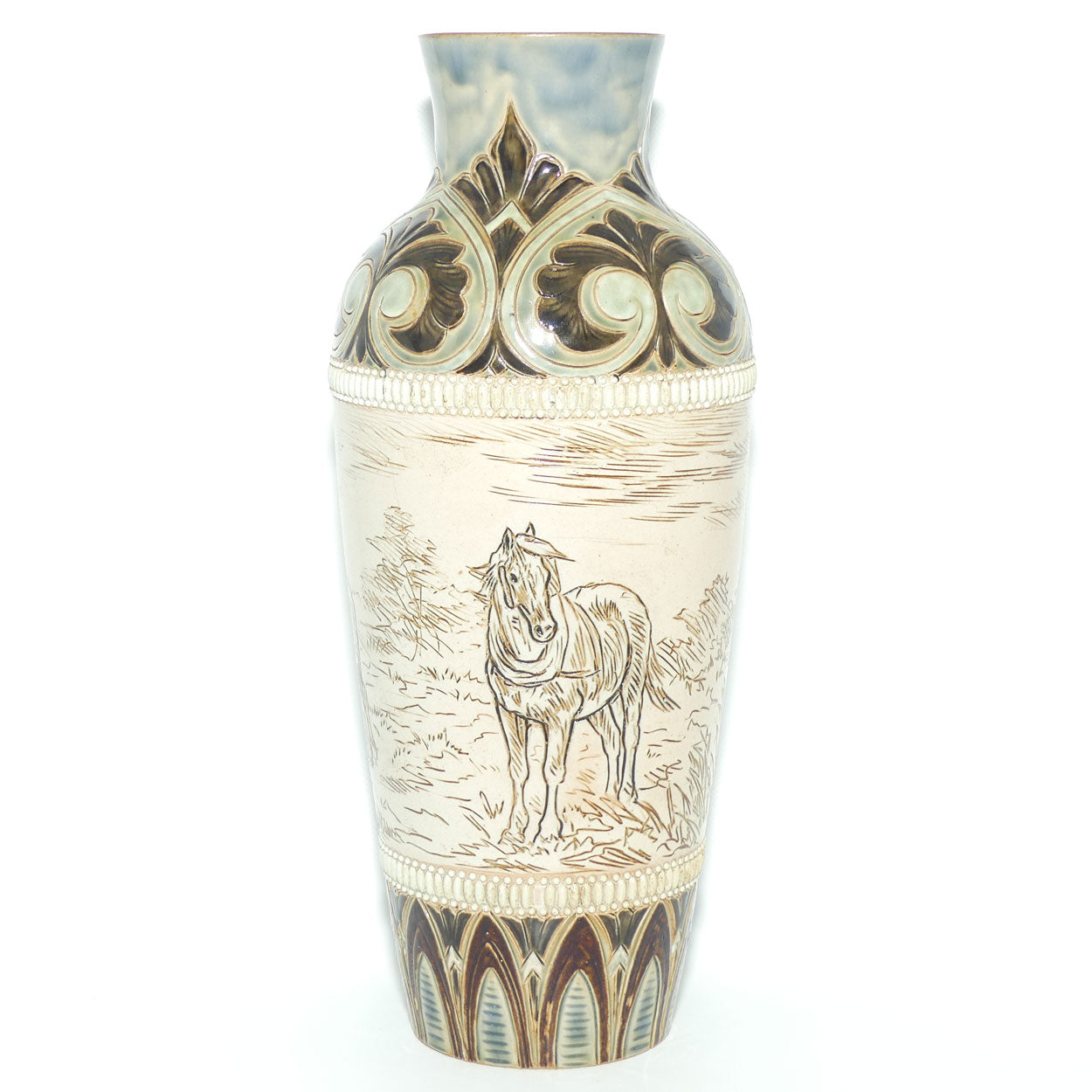 Doulton Lambeth Hannah Barlow stoneware vase depicting horses with applied beads and embellishments