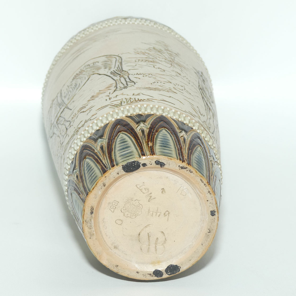 Doulton Lambeth Hannah Barlow stoneware vase depicting horses with applied beads and embellishments