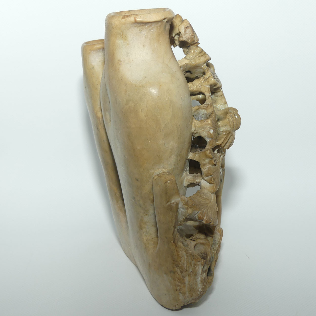 Elaborately Carved Soapstone Double Vase | Two Urns behind Floral Scene