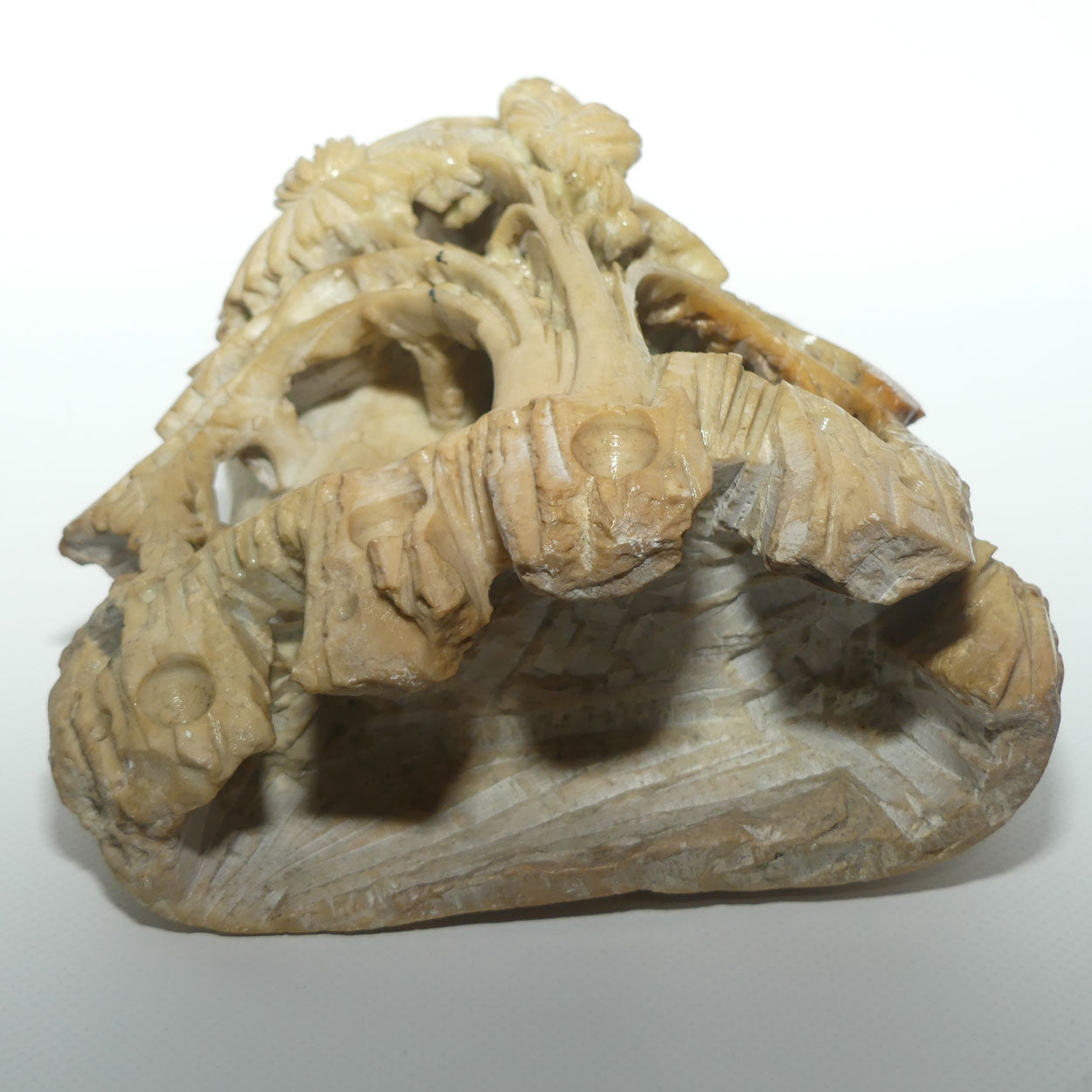 Elaborately Carved Soapstone Double Vase | Two Urns behind Floral Scene