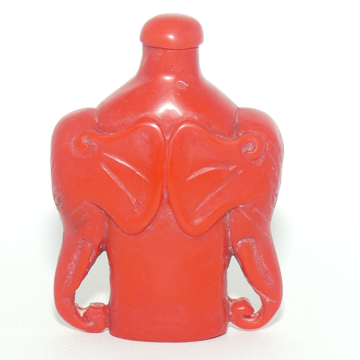 Cinnabar Snuff Bottle | Red stopper | Double Elephants