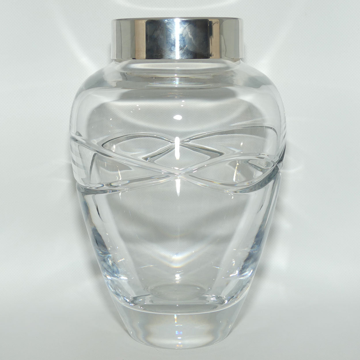 Carrs of Sheffield Large and Heavy English Crystal vase with Infiniti design | Sterling Silver Rim | Sheffield 2006