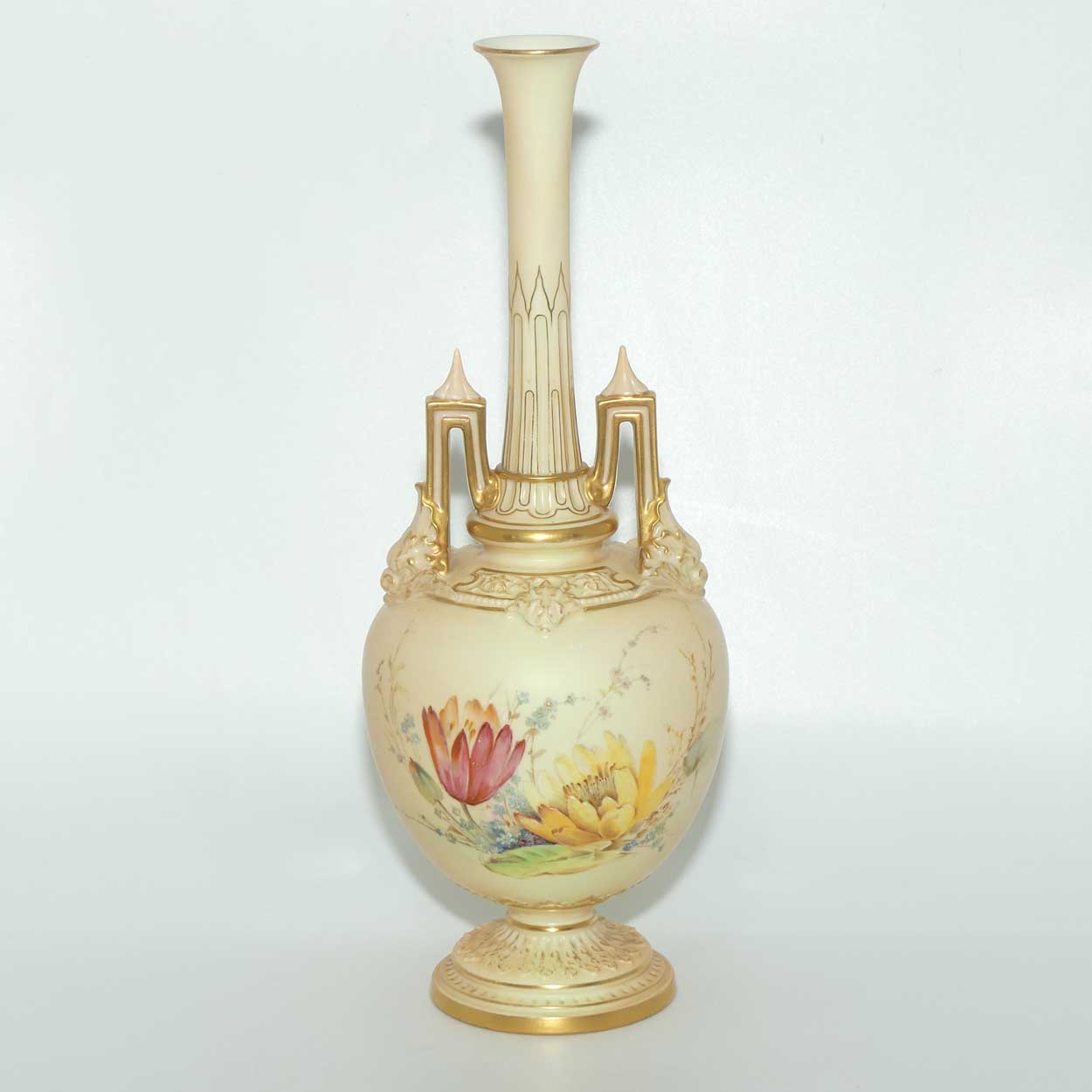 Royal Worcester Blush Ivory hand painted floral vase with spire handles (Raby)