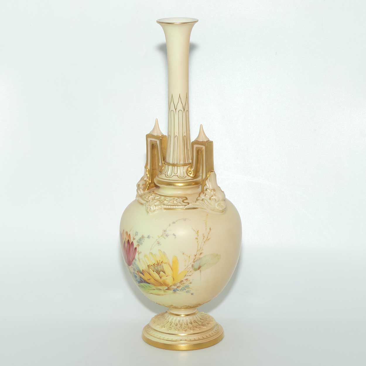 Royal Worcester Blush Ivory hand painted floral vase with spire handles (Raby)
