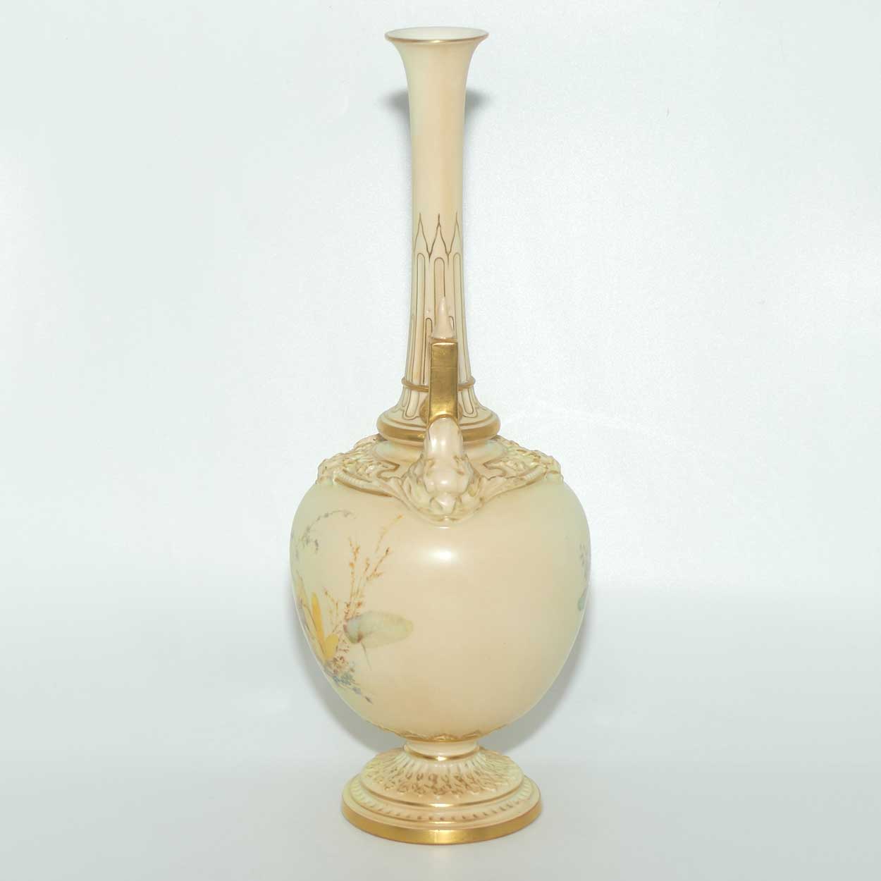 Royal Worcester Blush Ivory hand painted floral vase with spire handles (Raby)