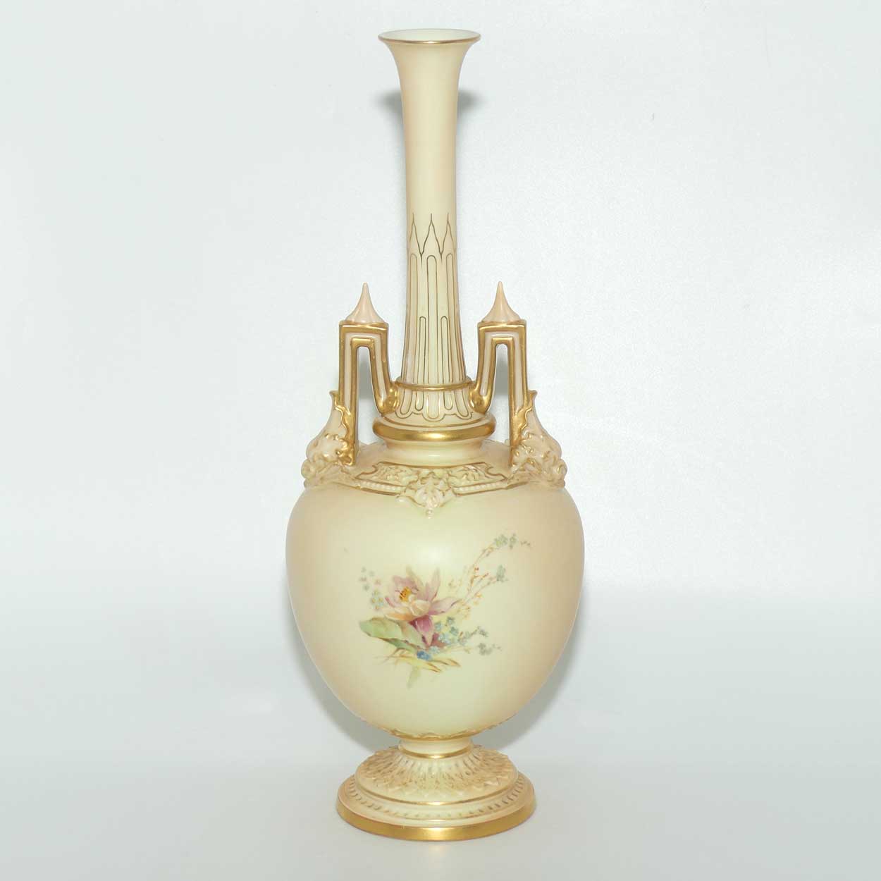 Royal Worcester Blush Ivory hand painted floral vase with spire handles (Raby)