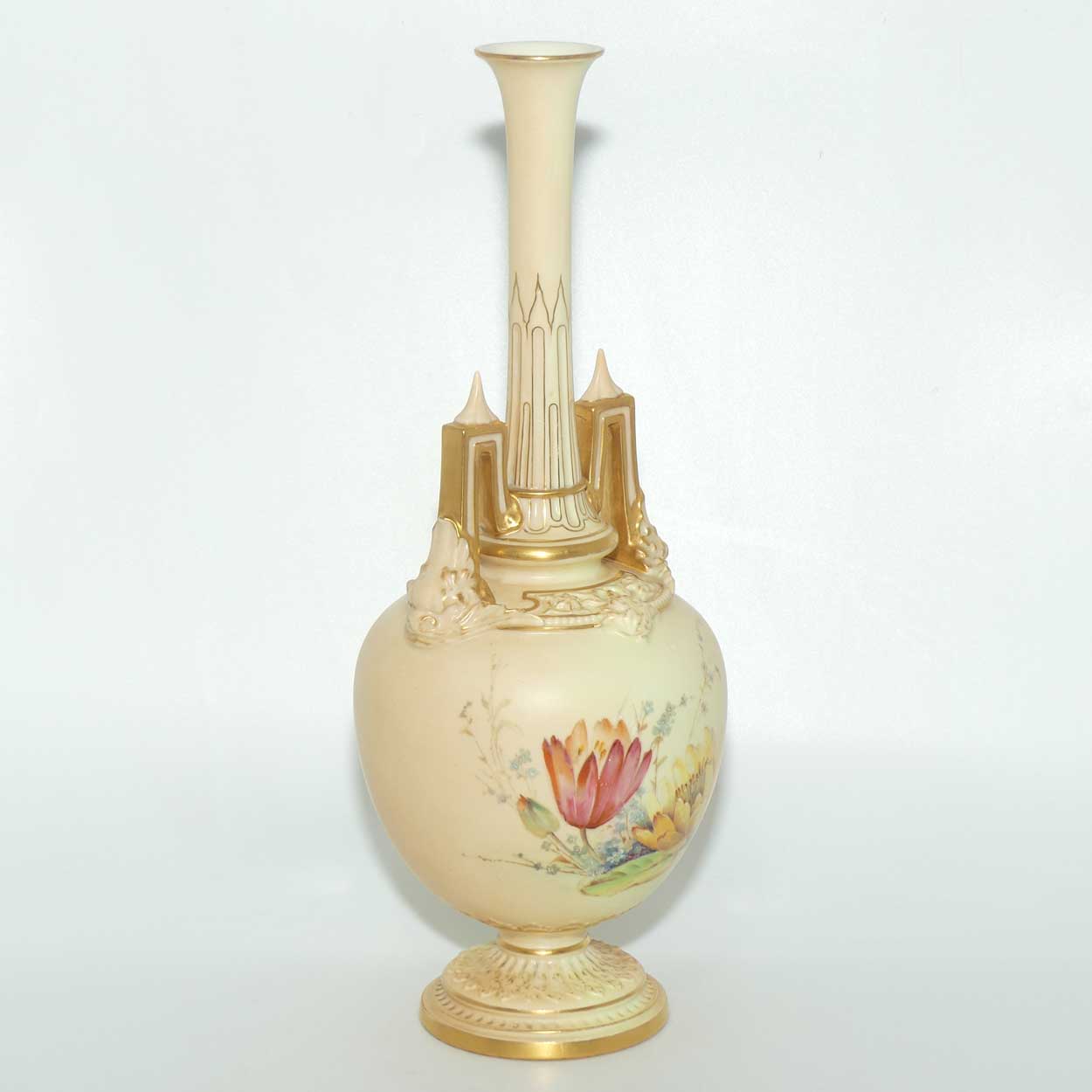 Royal Worcester Blush Ivory hand painted floral vase with spire handles (Raby)